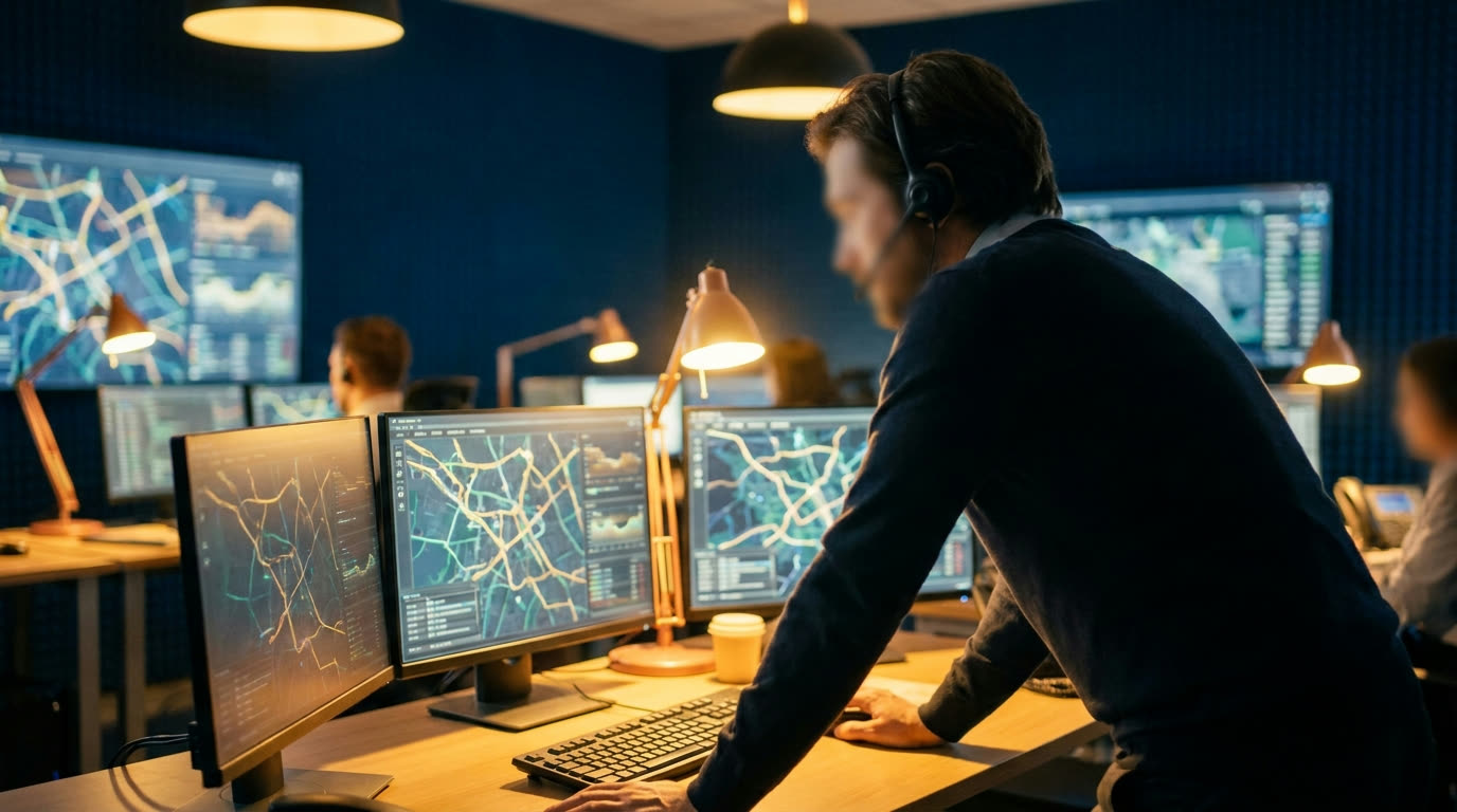 Dispatch desk with a route map on screen and a headset, coordinating deliveries