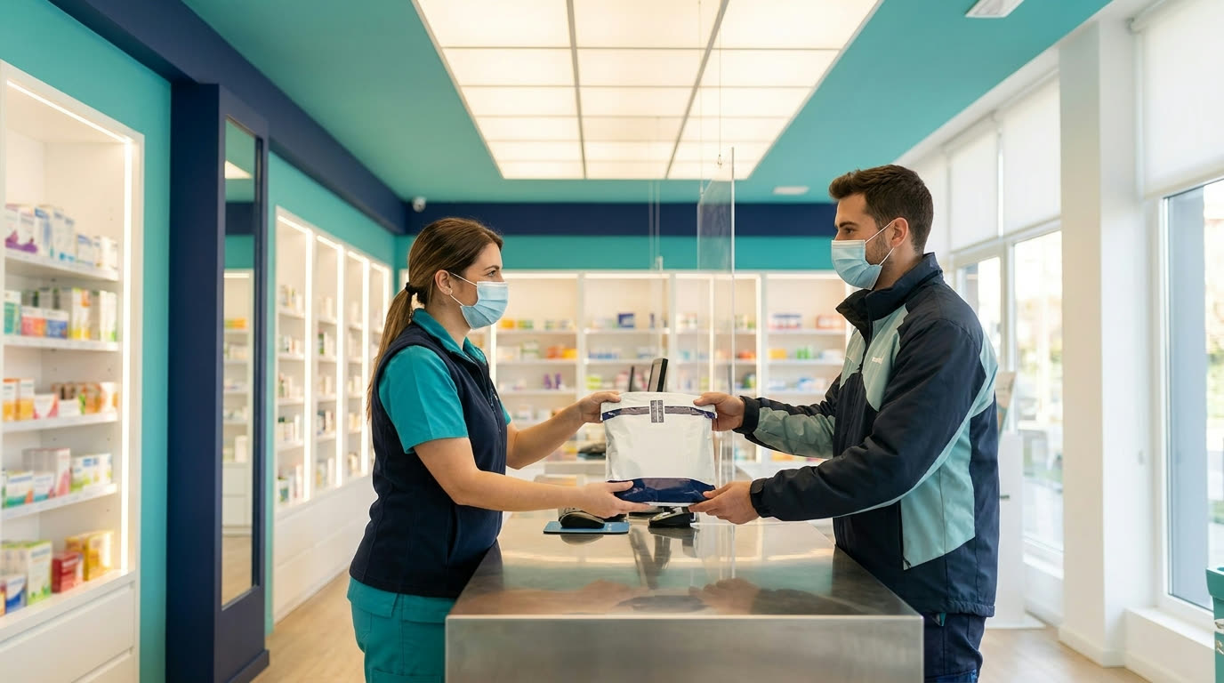 Pharmacy staff handing a medication package to an Exodus courier at the counter