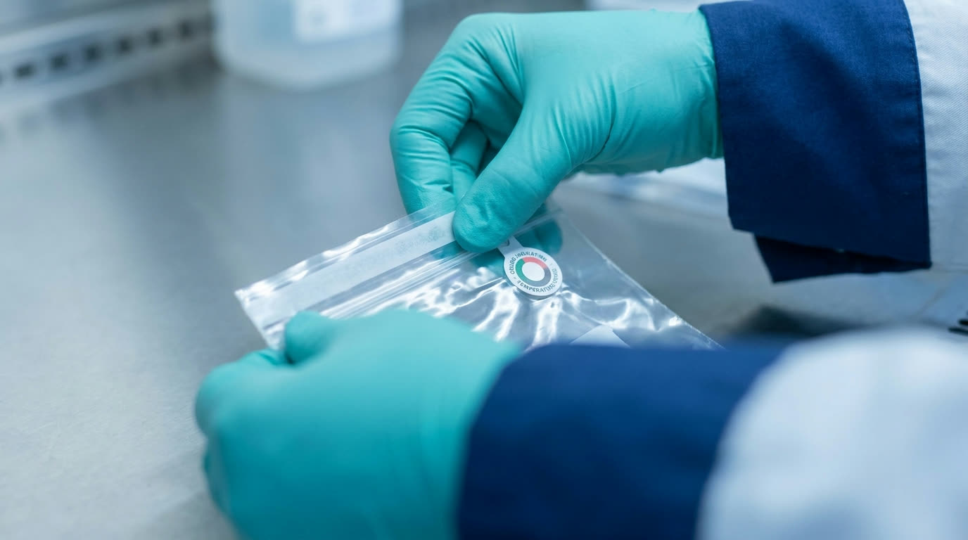 Teal-gloved hands sealing a specimen bag with a temperature-monitor tag attached